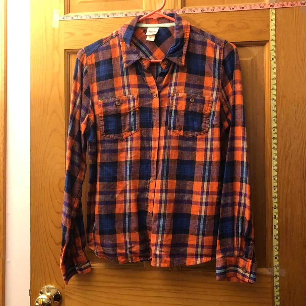 Orange and blue plaid button down top